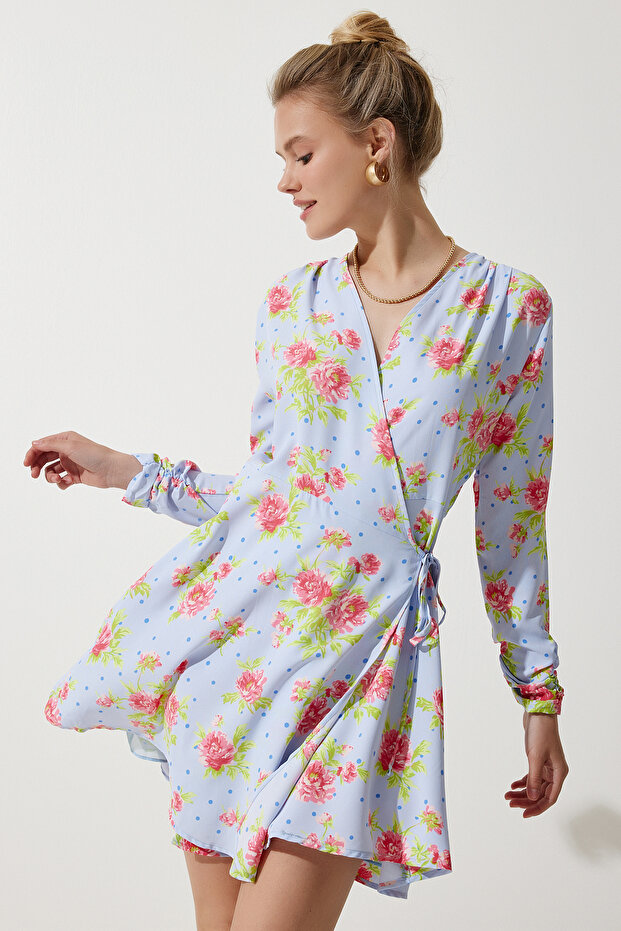 Floral Mini Wrap Chiffon Dress Lub0144 Sky Blue