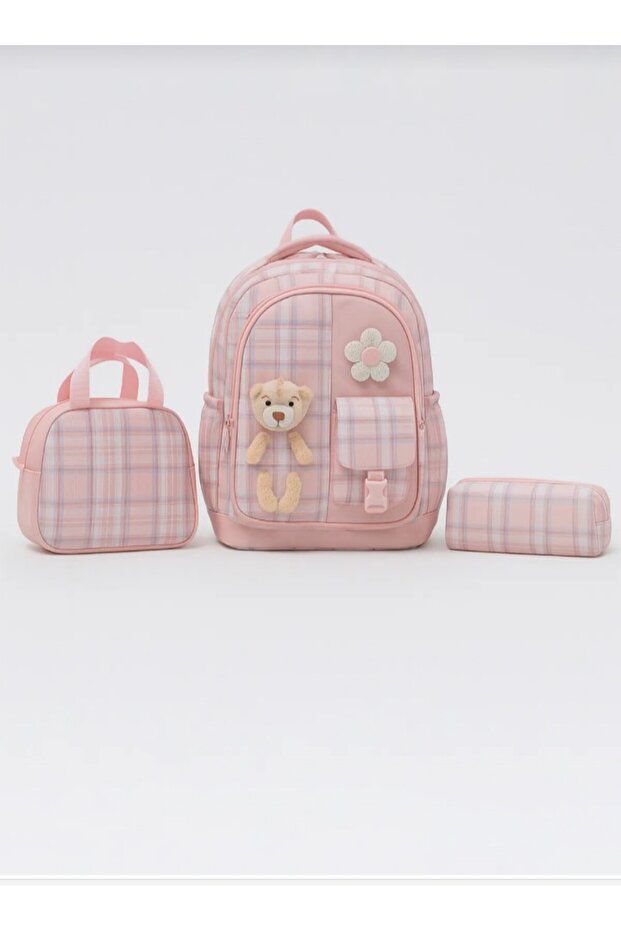 حقيبة مدرسية ابتدائية مع دمية دب + علبة غداء + مقلمة - 1