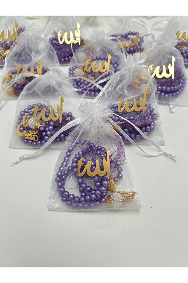 مسبحة لؤلؤية في حقيبة هدايا أرجوانية (10 قطع) (مولد - حج - عمرة - بوتشا)