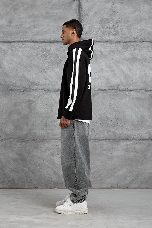 Erkek Siyah Advance Baskılı Kapüşonlu Oversıze Sweatshırt - 5