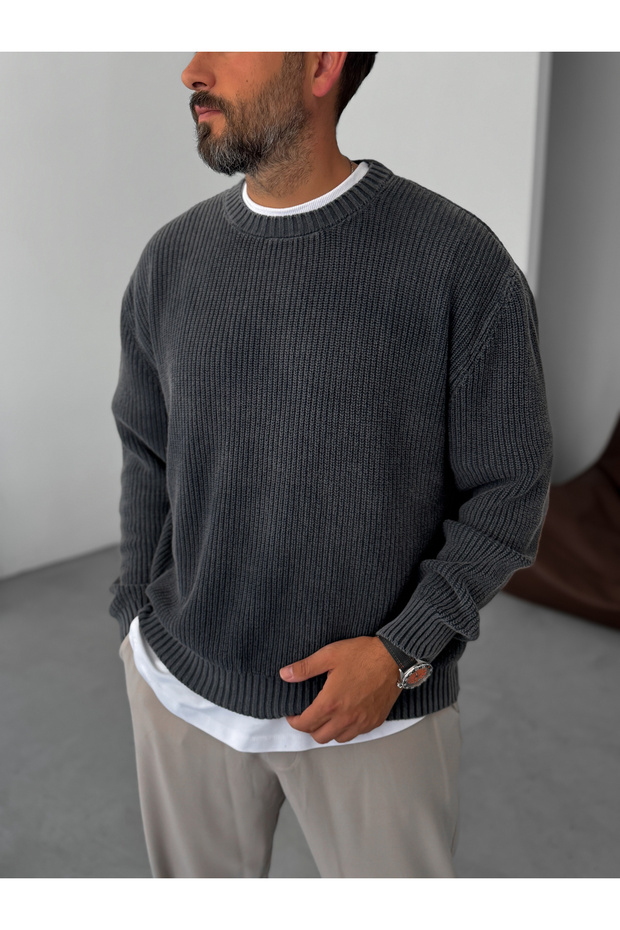 Siyah Yıkamalı Oversize Örme Kazak PM-027 - 1