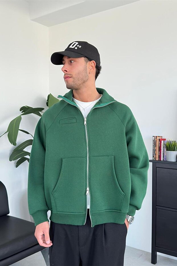 Yeşil Cozy Basic Çift Fermuar Oversize Sweatshirt - 2