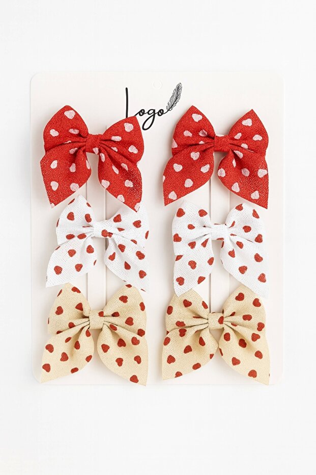 Girl's Heart Printed Beige Red Ecru Linen Bow 6-Piece Clip Buckle Set