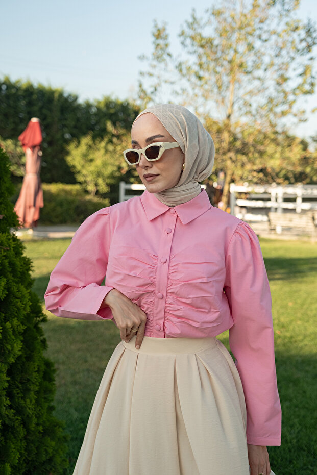 Women's Drawstring Detail Poplin Shirt Pink