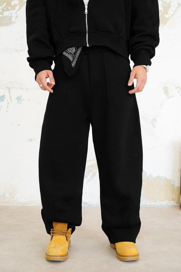 Black Cozy Basic Pleated Baggy Tracksuit