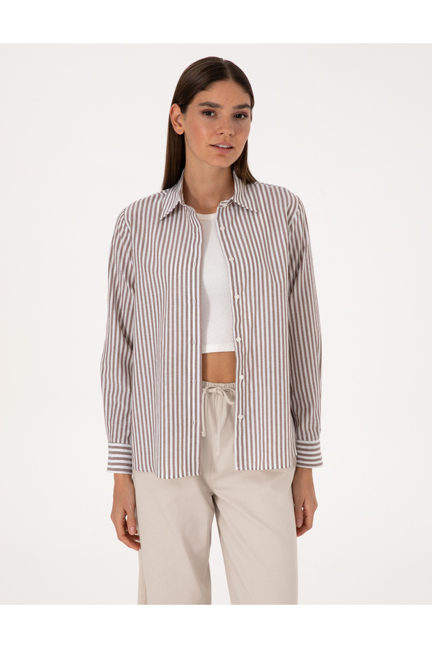 Brown Striped Comfort Fit Long Sleeve Shirt 50318226-Vr029