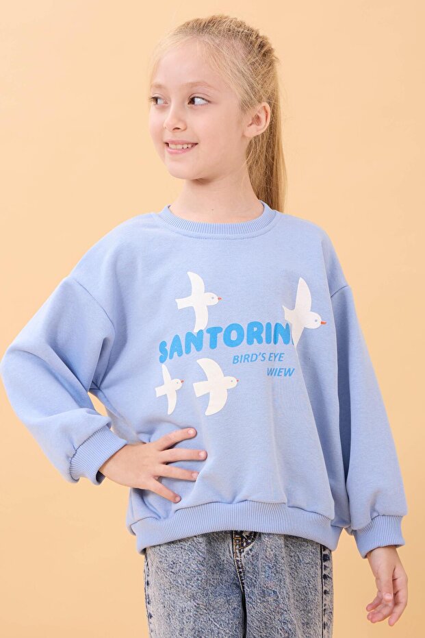 Girl's Oversize Santorini Printed Seasonal Sweatshirt Blue