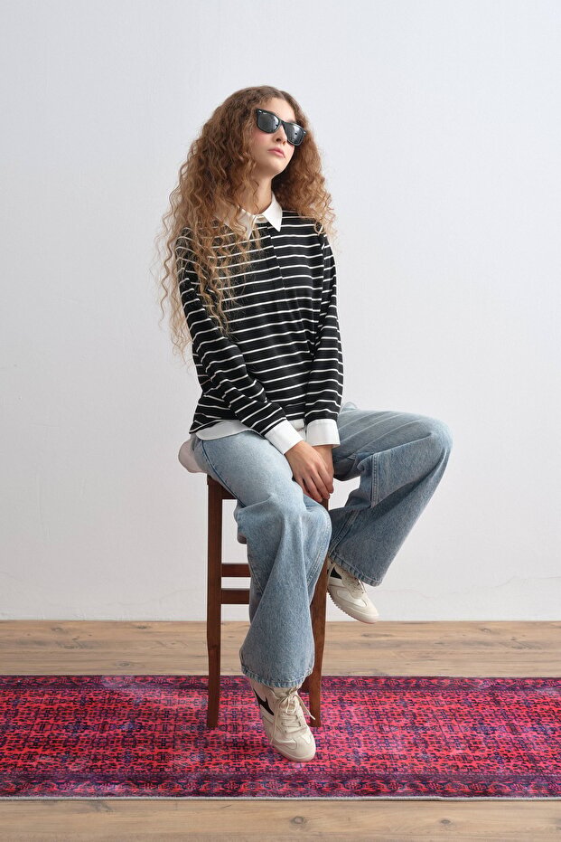 Çizgili Gömlek Yaka Örme Çelik Sweat Siyah - 1