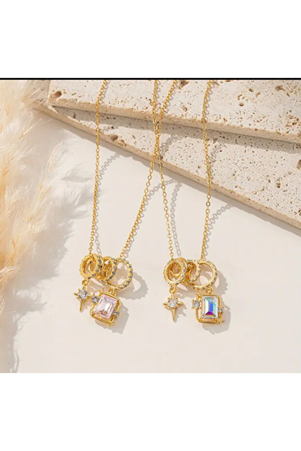 Pembe taşlı gold kolye - 2