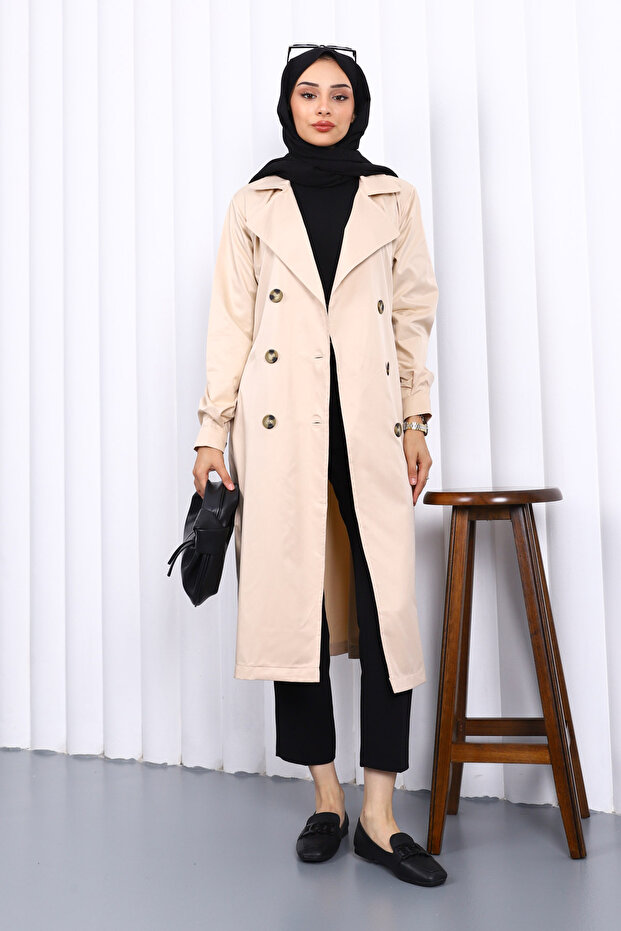 Beige Double Breasted Collar Buttoned Trench Coat