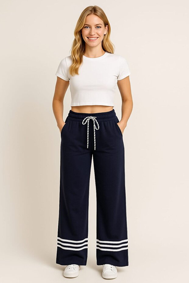 Navy Blue High Quality Flexible Modal Cotton Fabric Wide Leg Sweatpants with Pockets - Casual, Comfortable Fit