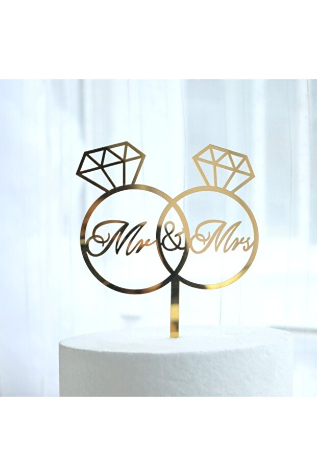Cake Topper, Mr & Mrs Rings Model, Wedding Theme, 10 cm, Gold - 2