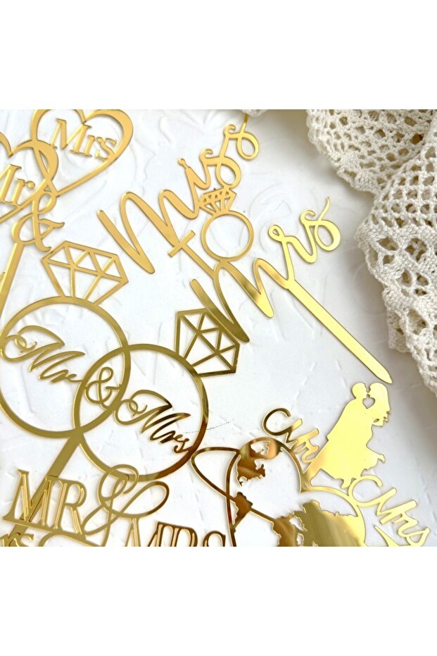 Cake Topper, Mr & Mrs Rings Model, Wedding Theme, 10 cm, Gold - 3