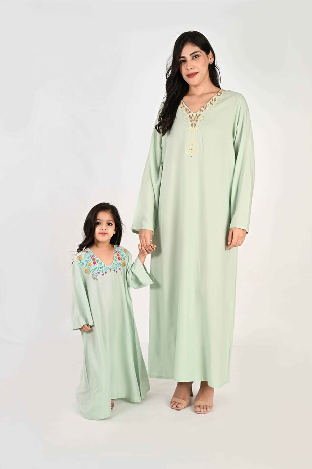 Ladies Jalabiya – Grey Base with V Neck and Embroidered Detailing