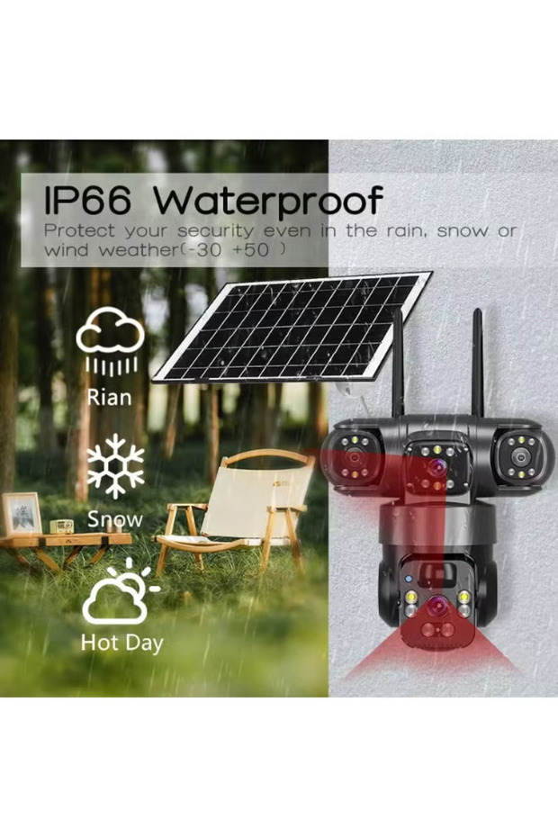 Solar-Powered Surveillance Camera with Triple Lens, 3-View Display, Rating, 4G Remote Monitoring - 2