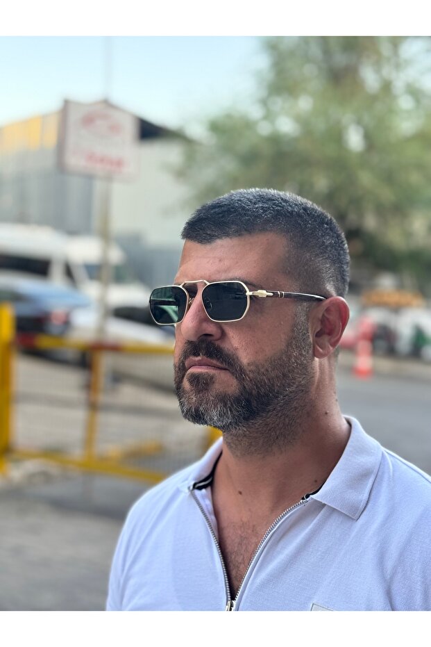 Esref Tek Kare Gold Green Men's Sunglasses