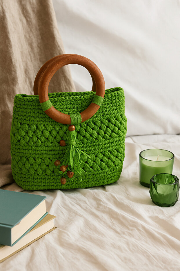 Tığ İşi El Yapımı Örgü Çanta, Ahşap Saplı Yeşil Boho Çanta Boncuklu - 2