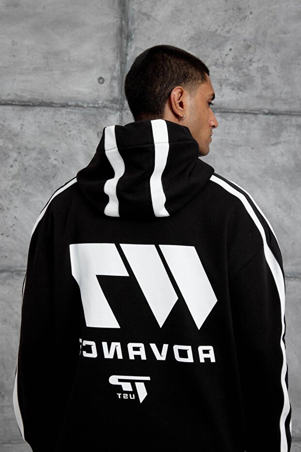 Erkek Siyah Advance Baskılı Kapüşonlu Oversıze Sweatshırt - 4