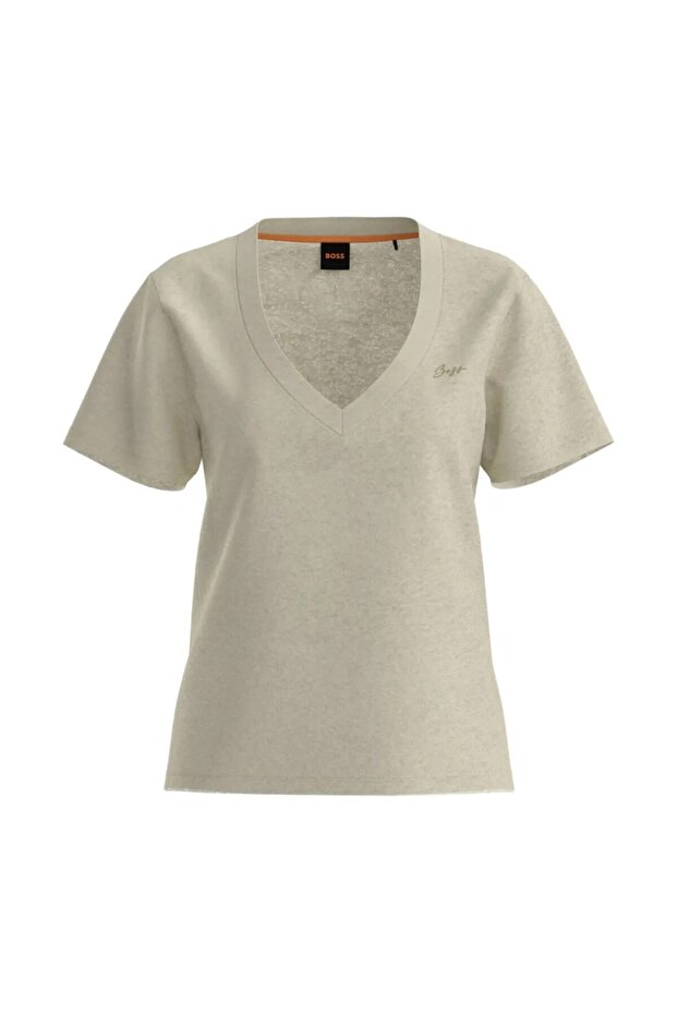 Women's Comfortable Fit V-Neck Cotton Short Sleeve Beige T-Shirt