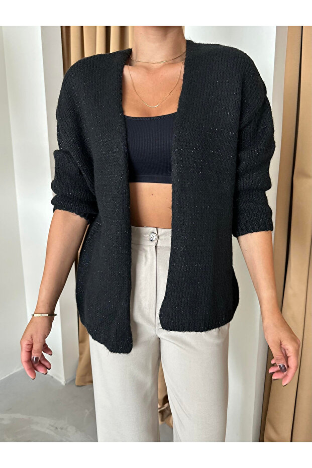 Black Slim Silvery Relaxed Fit Cardigan - 4337