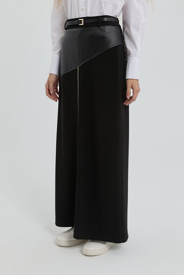 Deri Garnili Örme Fermuarlı Etek Siyah - 3