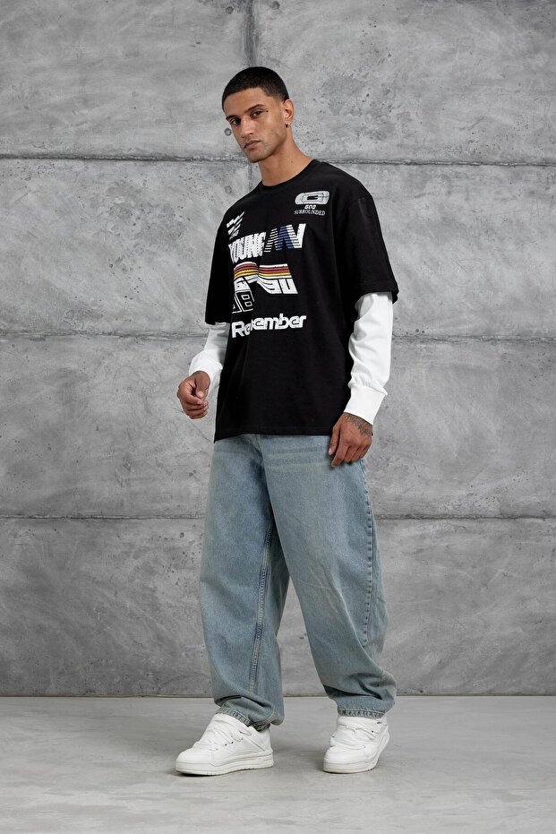 Erkek Siyah Remember Baskılı Oversıze Kolu Parçalı Sweatshırt - 5
