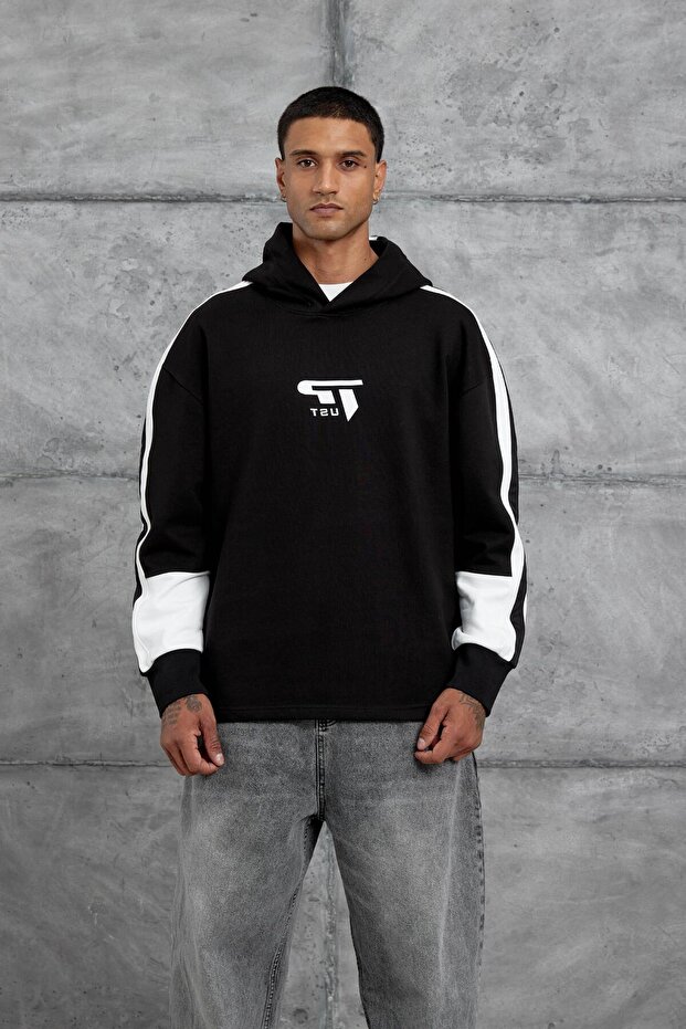 Erkek Siyah Advance Baskılı Kapüşonlu Oversıze Sweatshırt - 3