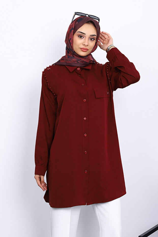 Burgundy Tunic with Pearls on the Shoulders