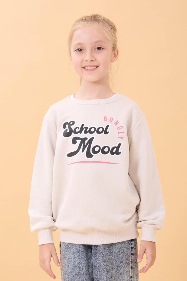 Boys and Girls School Printed Crew Neck Seasonal Sweatshirt Stone