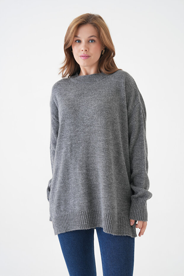 Women's Crew Neck Anthracite Oversize Knit Sweater 4090