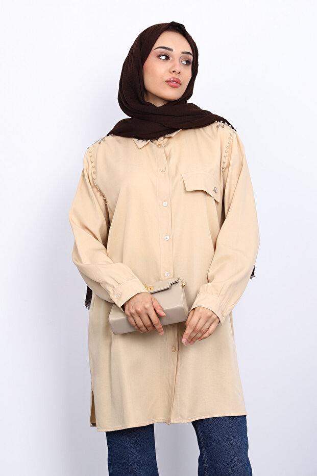 Beige Tunic with Pearls on the Shoulders