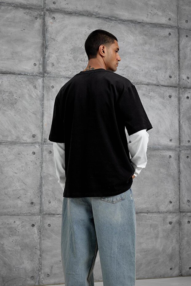 Erkek Siyah Remember Baskılı Oversıze Kolu Parçalı Sweatshırt - 3