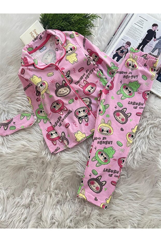 Girl's Patterned Eye Patch Buttoned Pajama Set - 2