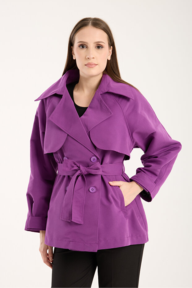 Women's Purple Aller Detailed Lined Short Trench Coat