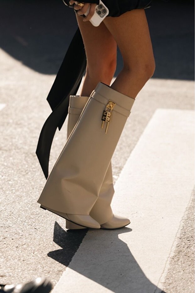 Beige Leg Warmer-Detail Heeled Boots