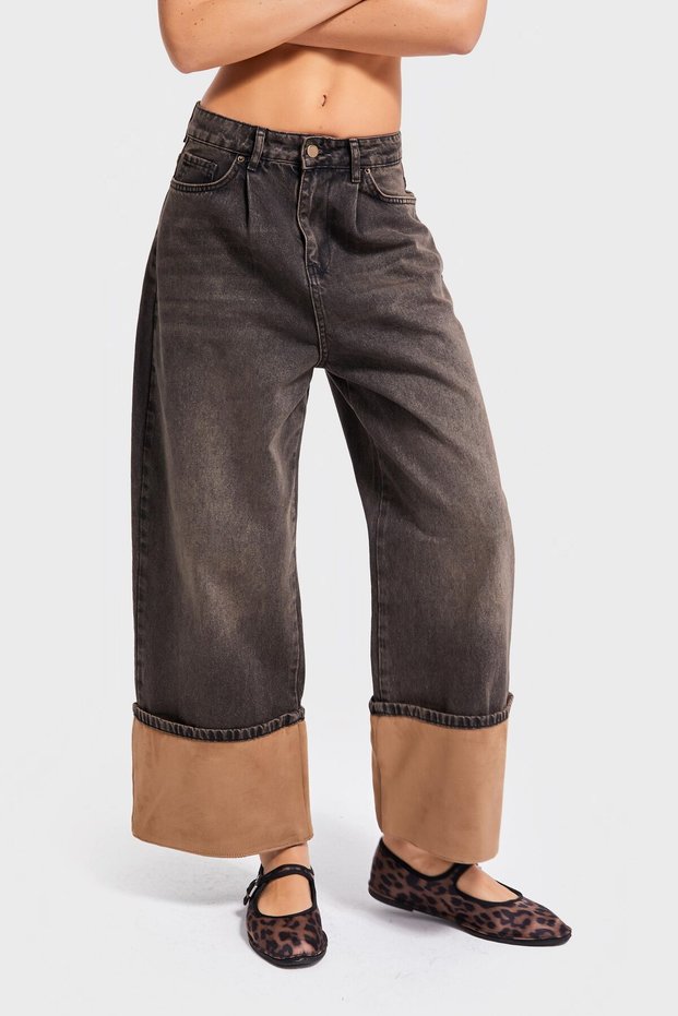 Women's Dark T.Kot Color 4W5-137 Super Baggy Fit Leg Opening Suede Fabric Detailed Design Denim Jean