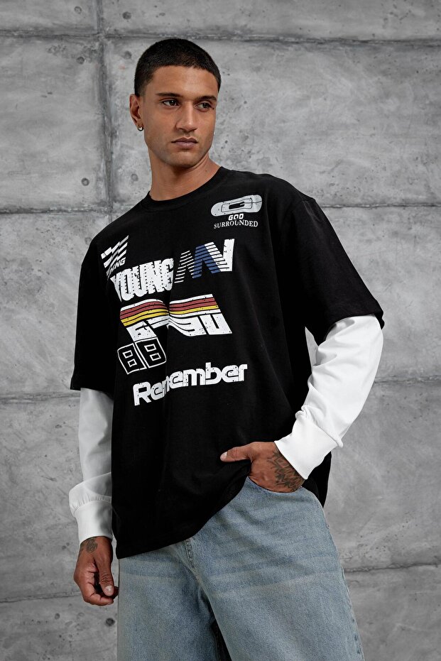 Erkek Siyah Remember Baskılı Oversıze Kolu Parçalı Sweatshırt - 4