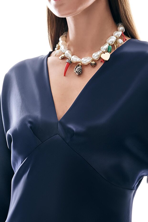 Saten Drapeli Midi Şık Elbise - 3