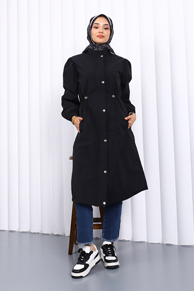 Black Trench Coat with Snap Buttons and Elastic Waist