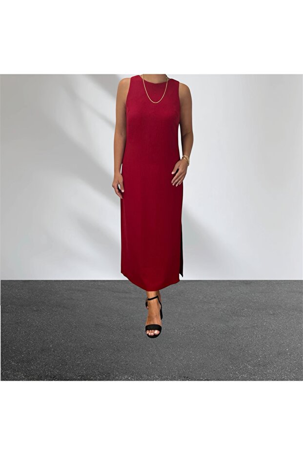 Red Lightweight Halter Neck Sleeveless Side Slit Long Dress