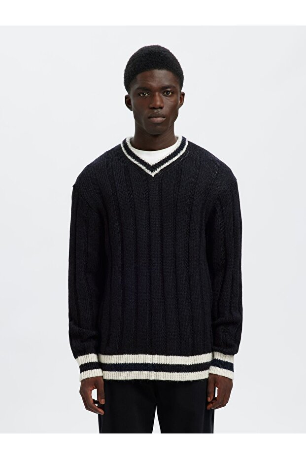 Pullover mit V-Ausschnitt Wollmix - 1