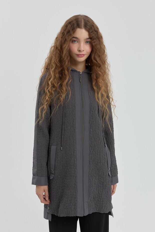 İnce Kapitone Kapşonlu Kap Antrasit - 1