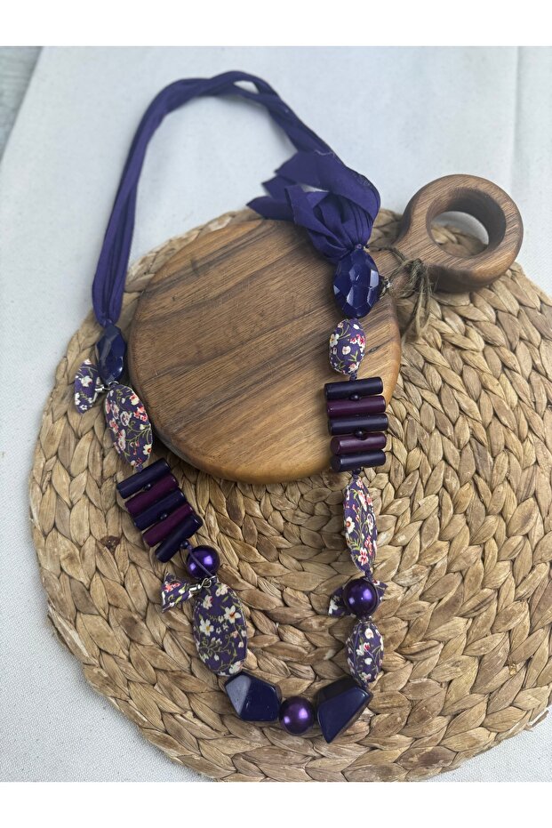Mor ahşap desenli uzun bohem kolye - 4