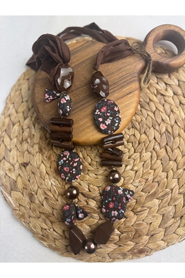 Ahşap uzun tasarım desenli kolye - 3