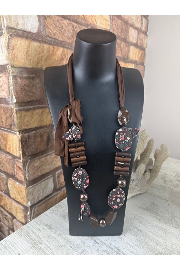 Ahşap uzun tasarım desenli kolye - 2