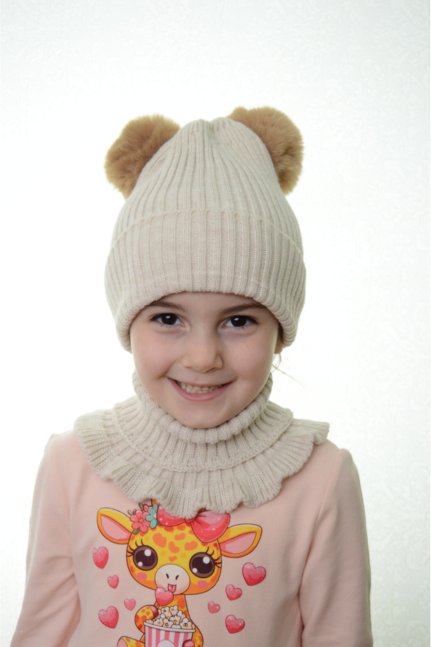 Girl's Beret Neck Collar Suit with Double Pompom 4-10 Years Old