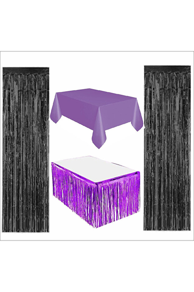 Purple Tablecloth, Purple Table Skirt, 2 Black Backdrops