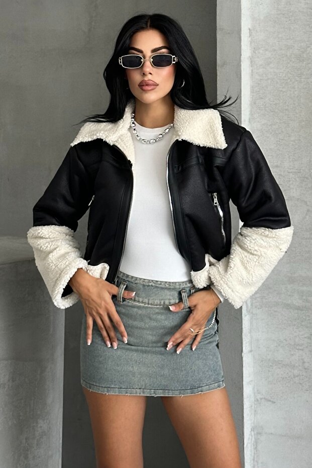 Women's Plush Detailed Crop Biker Faux Leather Coat
