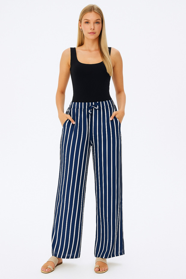 Women's Navy Blue Striped Belted Elastic Waist Double Pocket Comfortable Cut Palazzo Modal Trousers