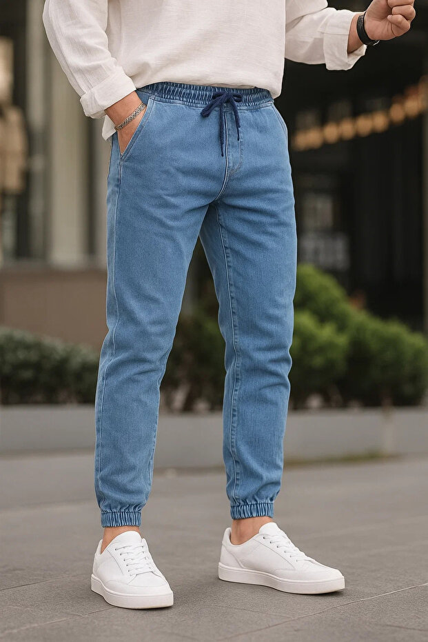 Men's Elastic Waist Blue Denim Jogger Pants